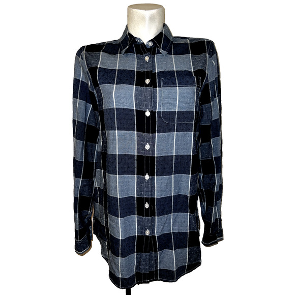 LANDS' END Top Women's Size S/T 6-8 Navy Blue Plaid Textured Roll Tab Slv Shirt - Picture 3 of 8